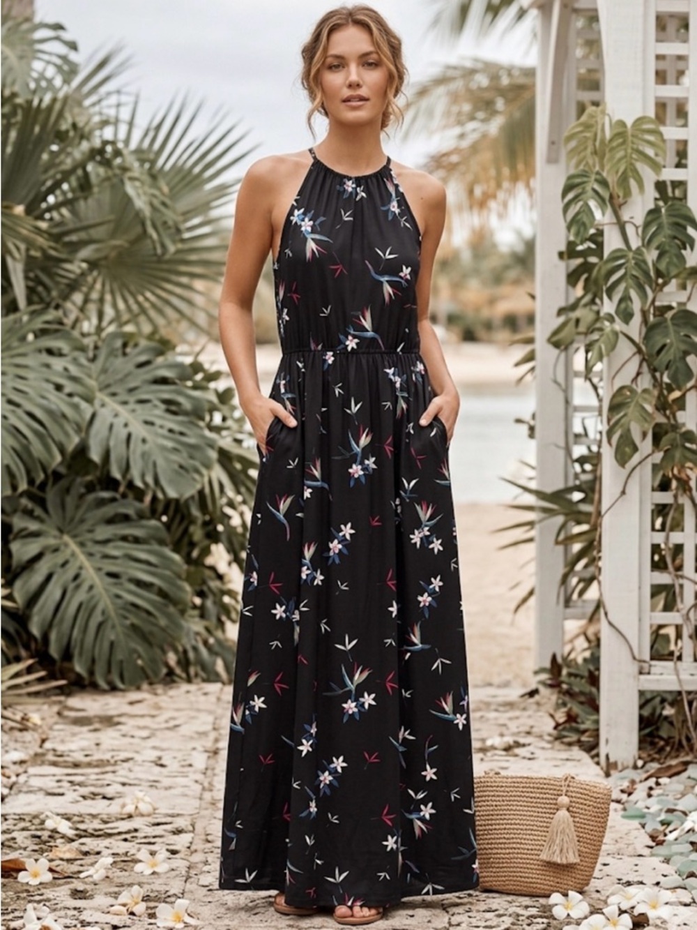 Kilig Floral Maxi Dress with Pockets L Black